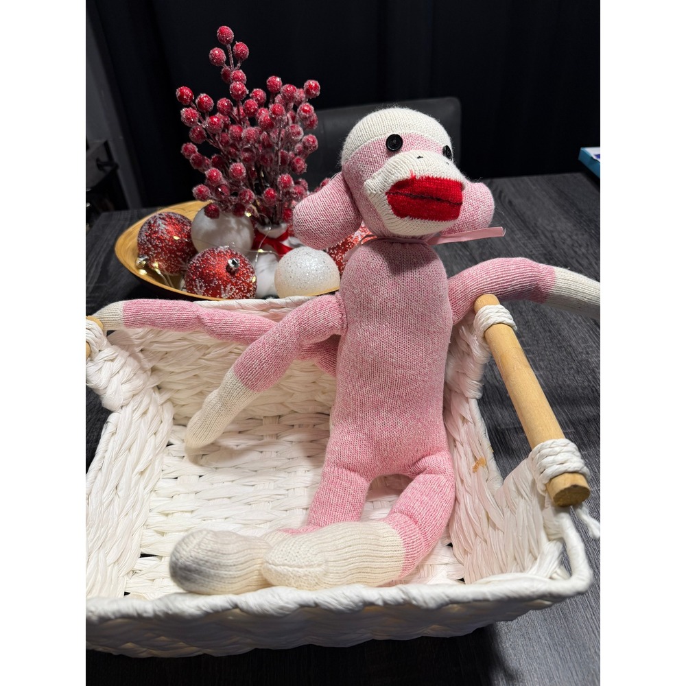 Handmade Pink Sock Monkey Doll – 18" – Classic Button Eyes – Retro Knit Toy